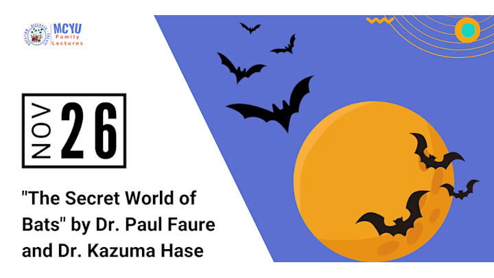 Bats flying, with an orange moon in the background. Logo included is the MCYU Family Lectures.