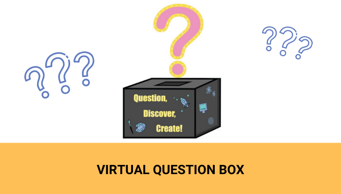 A box with a slot on top to drop questions in. Question marks are above the box.