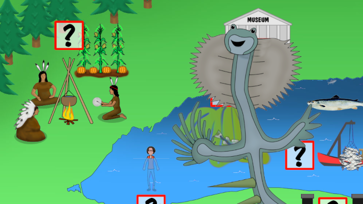 Leo the monster in the Lake Ontario interactive. which includes an Indigenous community and fishing.