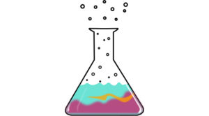 Beaker with a bubbling mixture of 3 colours, magenta, orange, and cyan.