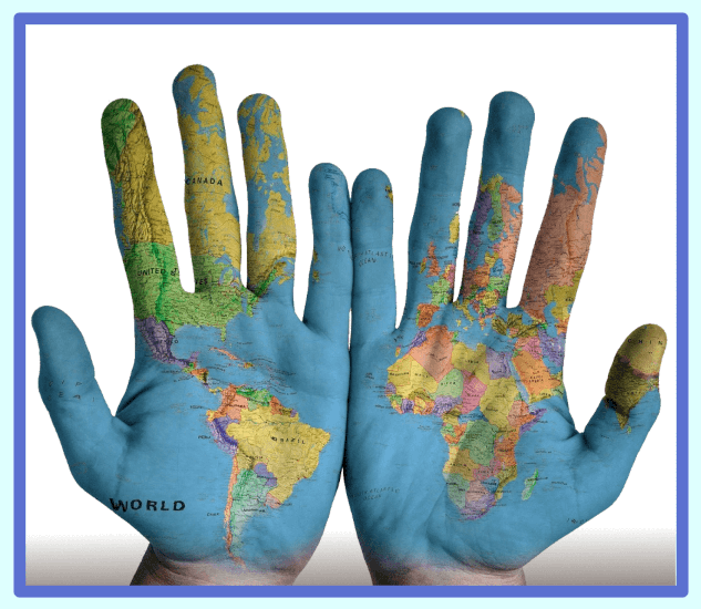 The map of Earth appears on two hands, with palms up.