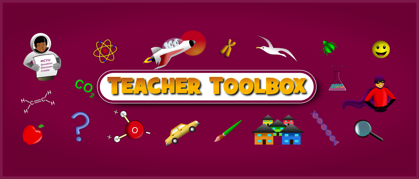 Teacher Toolbox. Science, technology, engineering, art and math (STEAM) icons on a maroon background